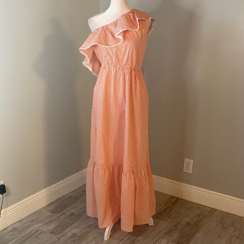 [Skies Are Blue] One-Shoulder Ruffle Dress Orange Stripes - Size Large NWT